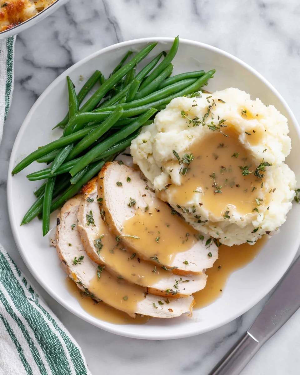 A white plate with three main parts: at the top left are bright green cooked green beans, smooth and slightly shiny; on the right side is a big scoop of white mashed potatoes topped with light brown gravy and sprinkled with small green herbs; below the mashed potatoes are three slices of cooked turkey breast, light beige with golden brown edges, covered in a smooth tan gravy with bits of green herbs sprinkled on top. The plate sits on a white marbled surface with part of a green and white striped cloth visible in the corner, and a metal knife on the right edge of the image. Photo taken with an iphone --ar 4:5 --v 7