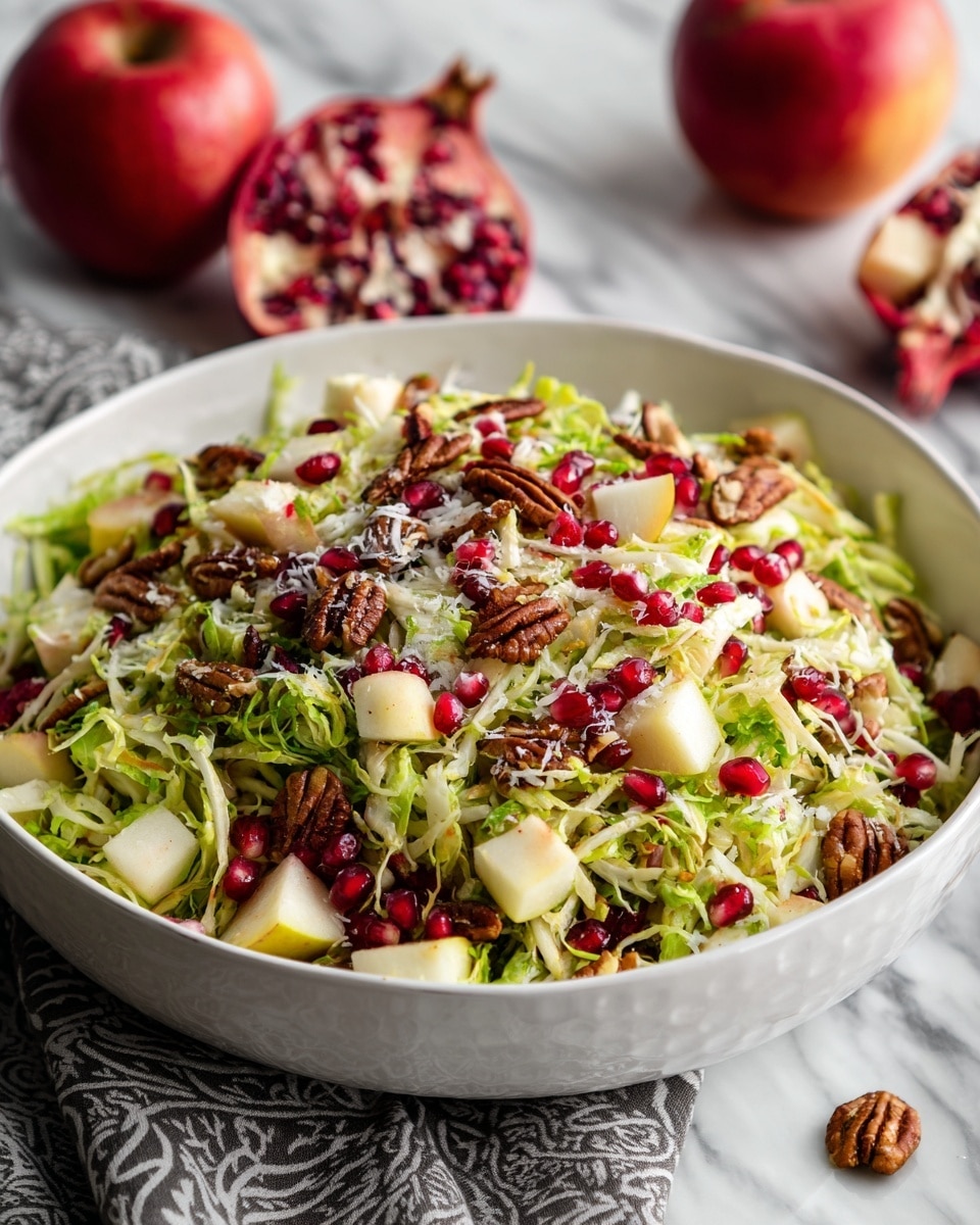 A large white bowl filled with a fresh salad layered with finely shredded light green Brussels sprouts at the base, mixed with small white cubes of apple, bright red pomegranate seeds scattered evenly throughout, and brown candied pecans adding texture on top. Small bits of white cheese are sprinkled over the colorful mix. In the background on a white marbled surface, there are whole red apples and a halved pomegranate. The bowl sits on a grey and white patterned cloth. photo taken with an iphone --ar 4:5 --v 7