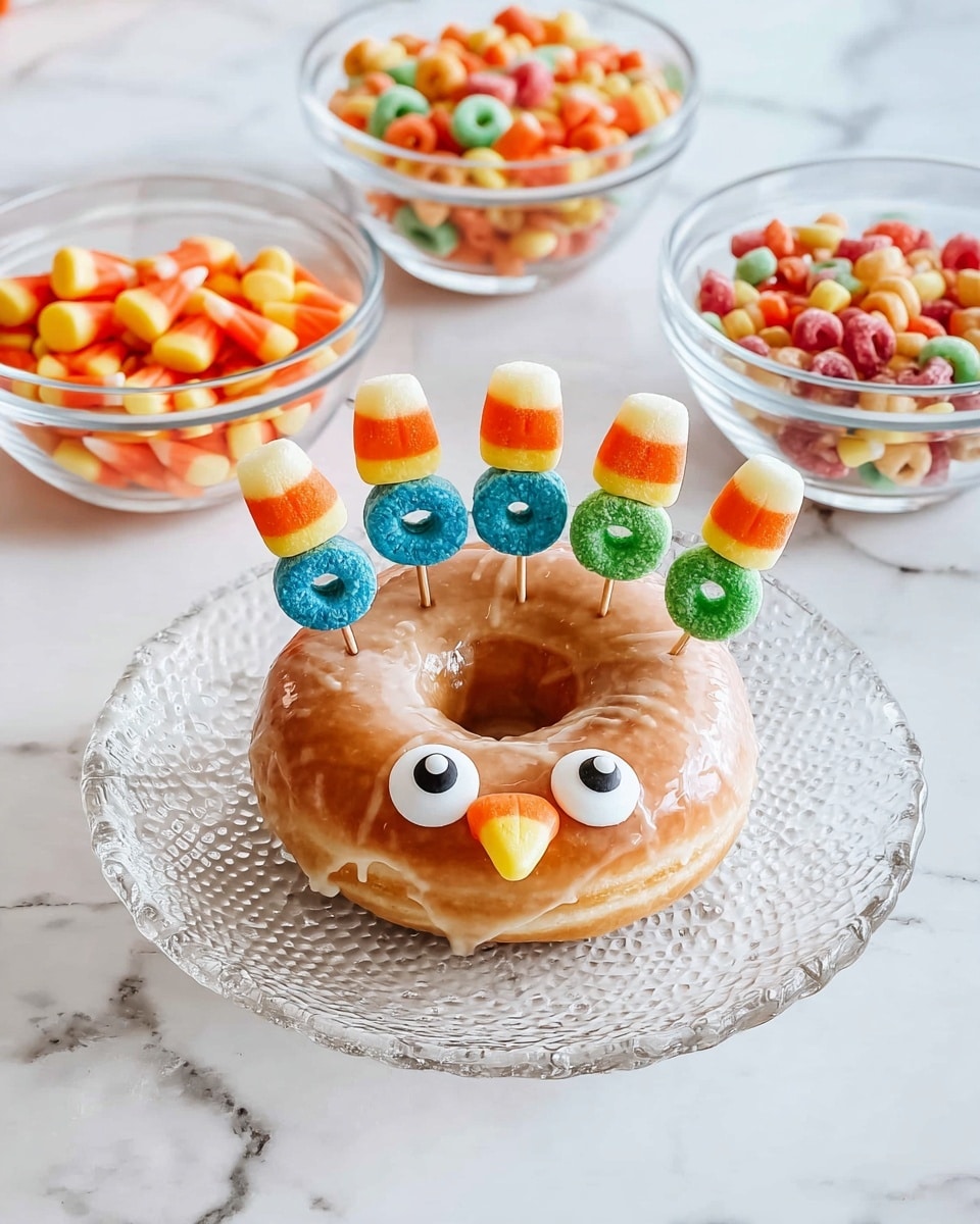 A glazed donut sits on a white textured glass plate, decorated to look like a turkey. The donut is light brown with a shiny glaze, with two candy eyes placed at the front and a candy corn used as the beak below the eyes. Behind the donut, five toothpicks are stuck in a fan shape, each holding four colorful cereal loops in green, blue, yellow, and red, representing the turkey’s feathers. Three clear glass bowls surround the donut on a white marbled surface; one holds candy corn, another holds colorful cereal loops, and the last contains candy eyes. The overall scene is bright and playful. photo taken with an iphone --ar 4:5 --v 7