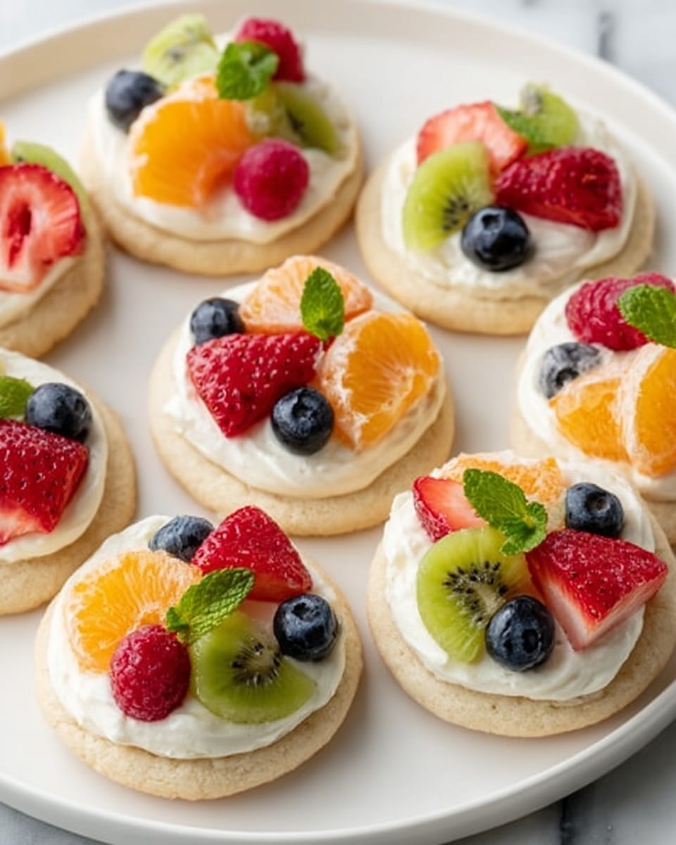 This image shows several small round cookies on a white plate, each cookie with three layers. The bottom layer is a light tan cookie base with a smooth texture. The middle layer is creamy white frosting, thickly spread over each cookie. The top layer is a bright, colorful mix of fresh fruit pieces, including red strawberries, orange mandarin slices, green kiwi chunks, dark blue blueberries, and a few red raspberries. One cookie also has a small green mint leaf on top. The plate rests on a white marbled surface. photo taken with an iphone --ar 4:5 --v 7