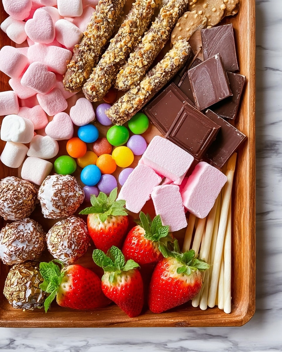A wooden tray filled with an assortment of treats on a white marbled surface, featuring chocolate sticks covered with crushed nuts arranged diagonally in the top left, surrounded by pink heart-shaped marshmallows scattered around the tray’s edge; colorful round candies in green, yellow, orange, blue, and red near the center; pink rectangular candies stacked near the colorful candies; three Ferrero Rocher chocolate balls clustered close to the bottom left corner; freshly sliced strawberries with bright red and white flesh placed in the center and bottom right, accented with fresh green mint leaves; several pieces of dark chocolate squares stacked near the strawberries; and thin biscuit sticks dipped in pastel pink coating, lined up diagonally at the bottom right. Photo taken with an iphone --ar 4:5 --v 7