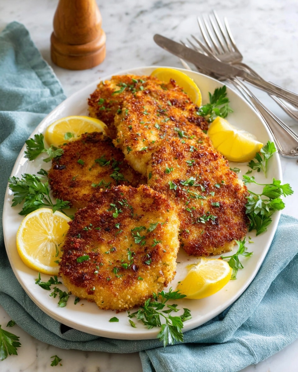 The image shows four golden brown breaded cutlets layered closely on a white oval plate, each cutlet having a crispy, slightly uneven textured coating with hints of darker browning spots. Small chopped green herbs are scattered evenly over the top, adding a fresh contrast. There are four bright yellow lemon wedges placed around the cutlets, and some sprigs of fresh green parsley are laid on top and beside the plate. The plate sits on a soft light blue cloth over a white marbled surface, with a wooden pepper grinder and fork visible in the background. photo taken with an iphone --ar 4:5 --v 7