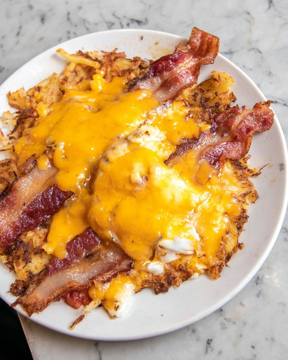 A white plate holds a breakfast dish with two main layers: a base of crispy golden-brown hash browns with irregular edges and a slightly rough texture, topped by two large strips of cooked bacon that are reddish-brown and slightly curled. Covering the bacon and hash browns is a thick layer of melted bright orange-yellow cheddar cheese, spread unevenly with some areas more covered than others. In the center, a cooked egg with the white mostly firm and the yolk partially visible through the cheese sits nestled on top, adding a soft and creamy texture contrast. The dish is placed on a table with a white marbled texture. photo taken with an iphone --ar 4:5 --v 7