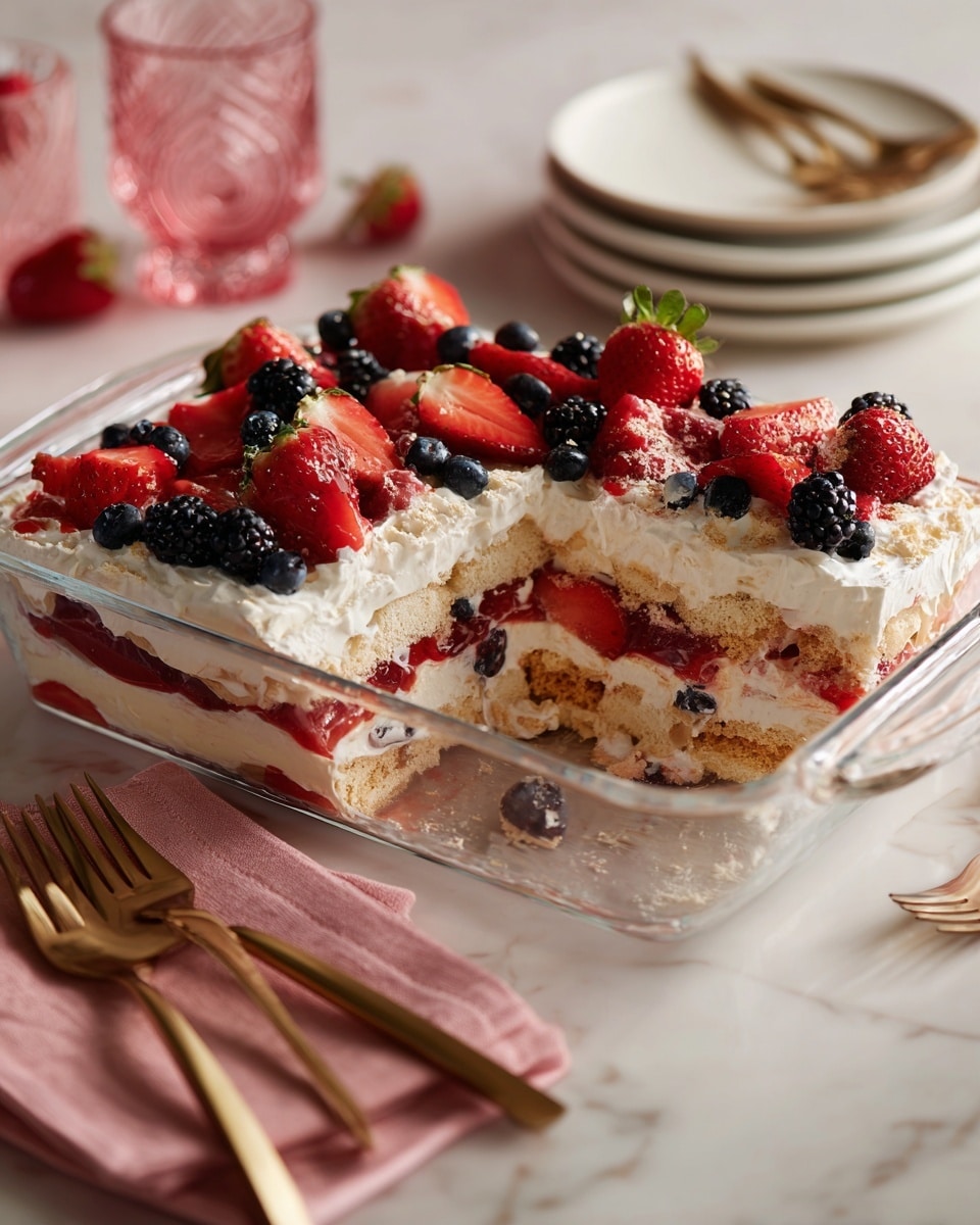 A layered dessert in a clear rectangular glass dish is shown with a slice missing, revealing three layers inside. The bottom layer is made of light tan cookie or cake pieces soaked slightly in red berry juice, the middle layer is a thicker cream with mixed red and blue berries, and the top layer consists of whipped white cream decorated with fresh strawberries, blackberries, and blueberries evenly spread on it. The dish is on a white marbled surface with a pink napkin and a white plate in the background, beside two golden forks and a pink decorative glass nearby. Photo taken with an iphone --ar 4:5 --v 7