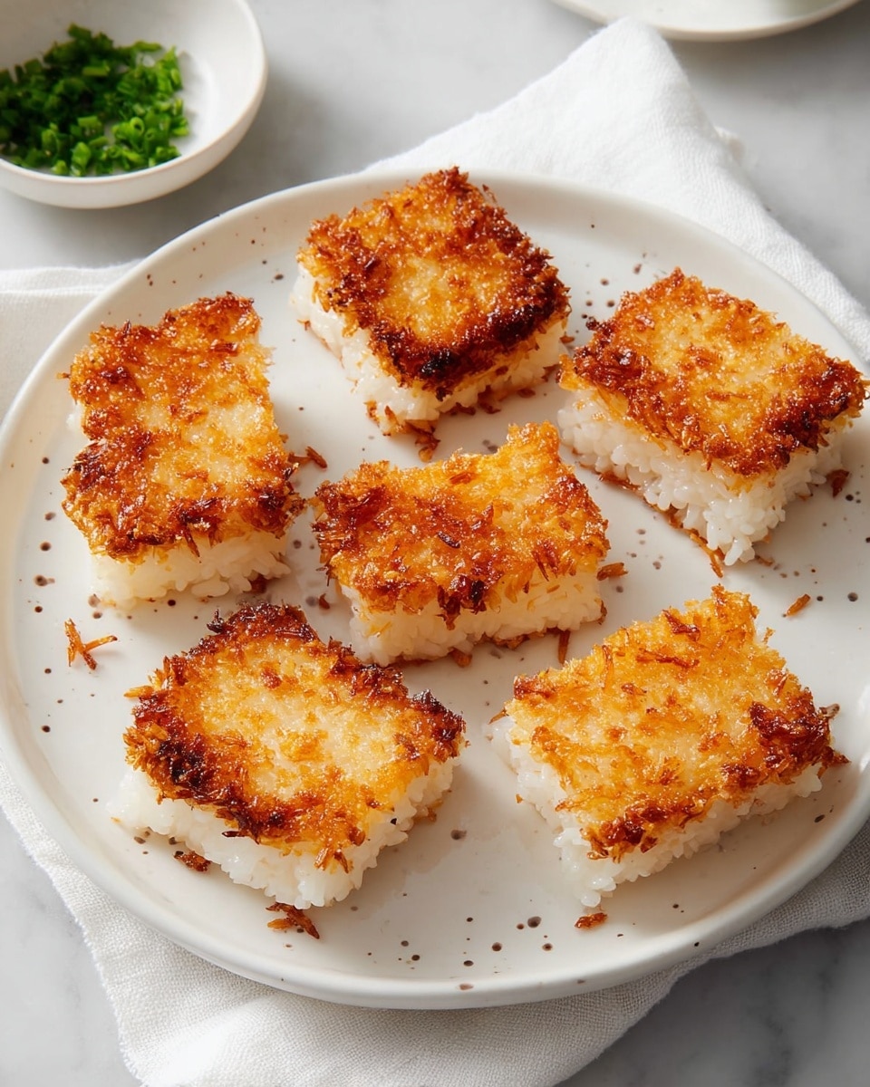 Seven rectangular crispy rice cakes are arranged on a white plate with small brown speckles. Each rice cake has two layers: a bottom layer of slightly translucent sticky white rice and a top layer of golden brown, crispy toasted rice with a crunchy texture. The edges of the top layer are uneven and darker brown in some places, showing the crispiness. The plate sits on a white marbled surface with a white cloth partially underneath it. In the background, there is a small white bowl with green chopped herbs. Photo taken with an iphone --ar 4:5 --v 7