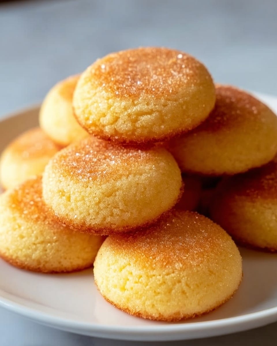 A small white plate holds a pile of round, golden brown cookies stacked in two layers, with the bottom layer partially hidden. Each cookie is smooth and slightly shiny with a crisp top, showing a gradient from light yellow at the base to a deeper golden brown on top. The cookies have a soft, fine texture with a faint granulated sugar coating that adds a slight sparkle. The background is a white marbled surface, softly blurred to keep full focus on the cookies. Photo taken with an iphone --ar 4:5 --v 7