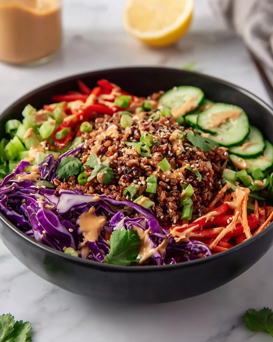 A black bowl filled with a colorful salad layered with deep brown cooked grains at the base, topped with bright purple cabbage pieces, thin red bell pepper strips, and crisp green celery chunks. Fresh green cucumber slices are arranged along the sides, with scattered fresh green cilantro leaves. The salad is drizzled with a light brown creamy sauce and sprinkled with small white sesame seeds on top. The bowl sits on a white marbled surface, with a blurred lemon half and a jar in the background. photo taken with an iphone --ar 4:5 --v 7