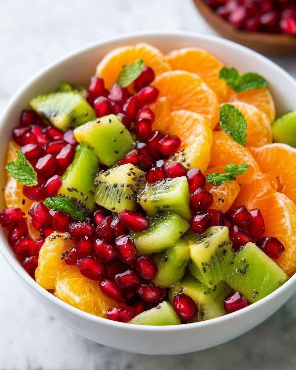 A white bowl filled with colorful fruit salad showing three main layers: the bottom layer has bright orange tangerine slices with smooth texture, the middle layer has chunks of green kiwi with tiny black seeds inside, and the top layer shows shiny, red pomegranate seeds scattered all over. Fresh small green mint leaves are spread on top for decoration. Some black chia seeds are sprinkled lightly across the fruit, adding texture contrast. The bowl sits on a white marbled surface. photo taken with an iphone --ar 4:5 --v 7