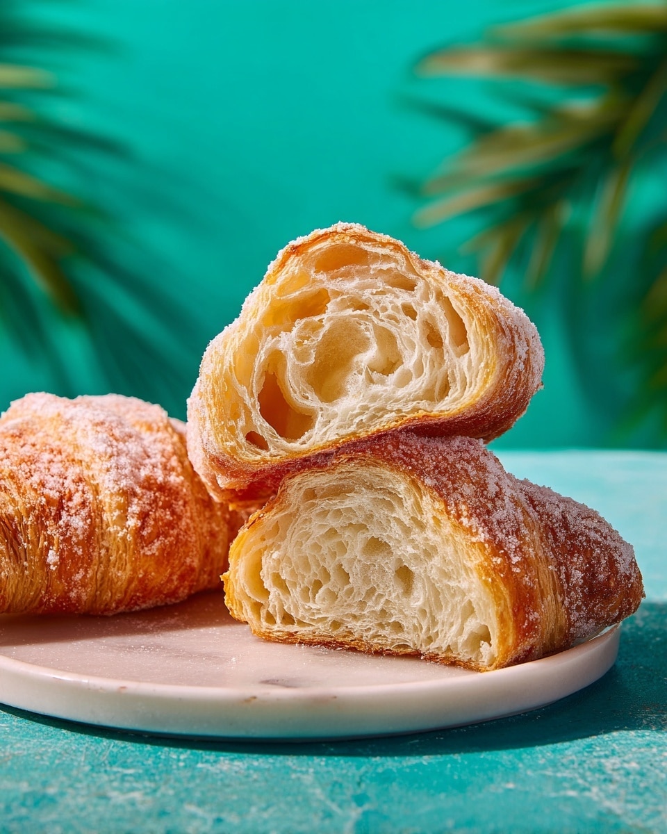 The image shows three croissants on a white plate, placed on a white marbled surface. One croissant is cut in half and placed upright to show its inside layers, which have a light golden brown color with a soft and airy texture formed by many thin, delicate layers. The other two croissants are whole, covered with a layer of fine white sugar giving them a slightly rough texture. The background is a vibrant teal color with blurred green leaves adding depth to the image. photo taken with an iphone --ar 4:5 --v 7