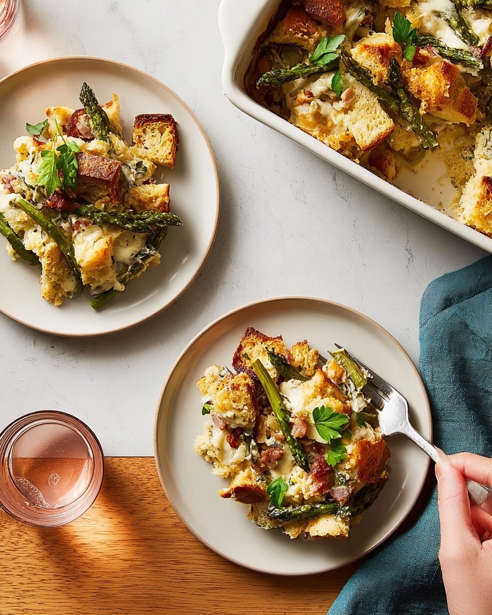 Two white plates hold servings of a layered casserole dish on a white marbled textured surface. Each plate shows a mix of toasted golden bread cubes as the top layer, with bright green asparagus spears and small bits of red bacon scattered throughout. Beneath the bread and vegetables is a creamy, pale mixture, likely cheese and eggs, with some fresh green parsley leaves sprinkled on top. Next to the plates is a white baking dish filled with the same casserole, showing the browned edges and layered texture of bread, asparagus, and creamy egg mix. A woman's hand holds a fork resting on one plate, and a clear glass of iced drink with a pink tint is also nearby. photo taken with an iphone --ar 4:5 --v 7