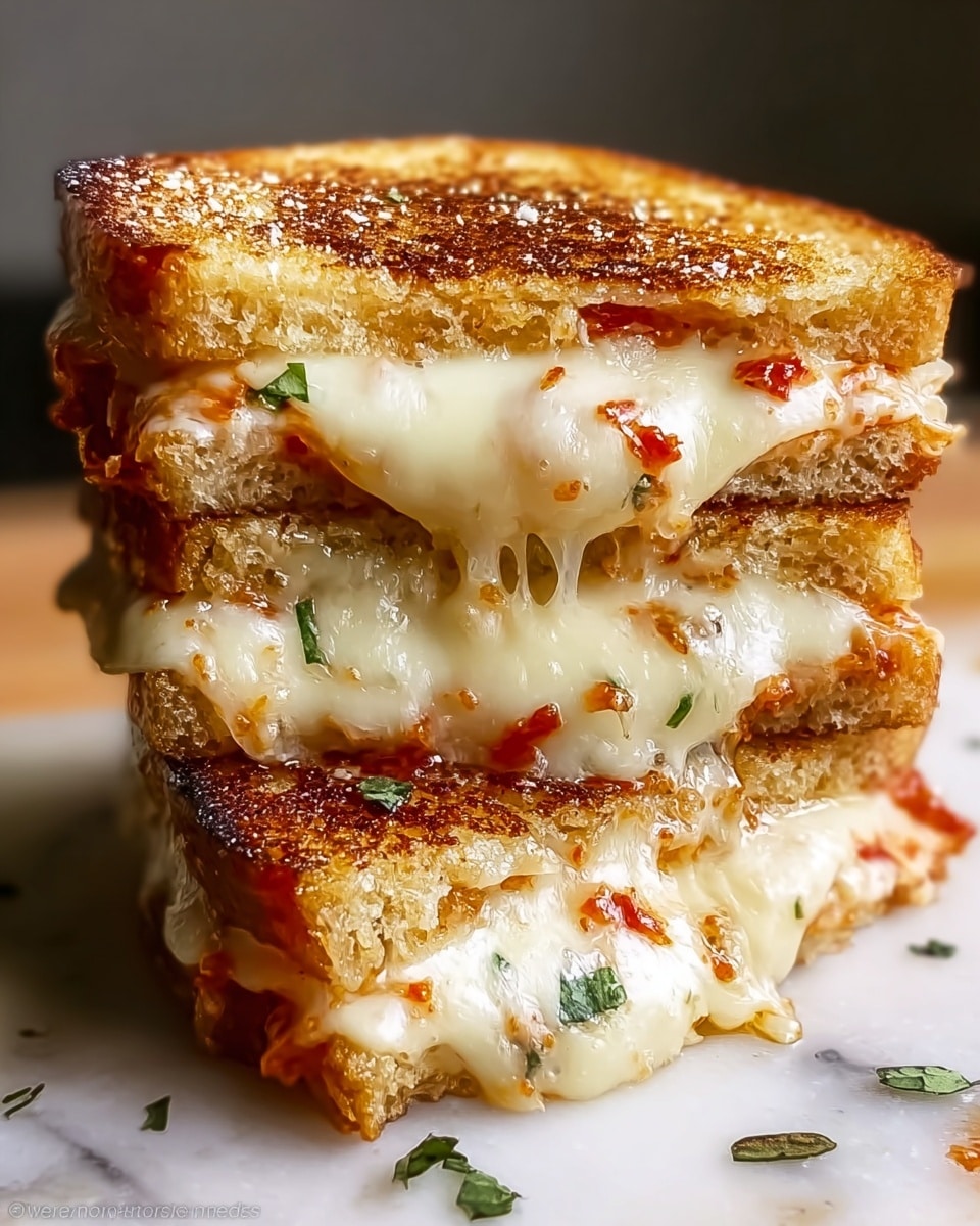 A thick sandwich stacked in two layers on a white marbled surface, each layer made of golden toasted bread with crispy edges and a slightly charred top. The bottom layer holds shredded orange-brown chicken mixed with a vibrant red sauce and melted white cheese stretching out between the layers. The middle layer is more toasted bread, topped again with a generous amount of shredded chicken, red sauce, and melted cheese bubbling slightly, finishing with the top toasted bread piece. Small bits of chicken and herbs are scattered near the sandwich. Photo taken with an iphone --ar 4:5 --v 7