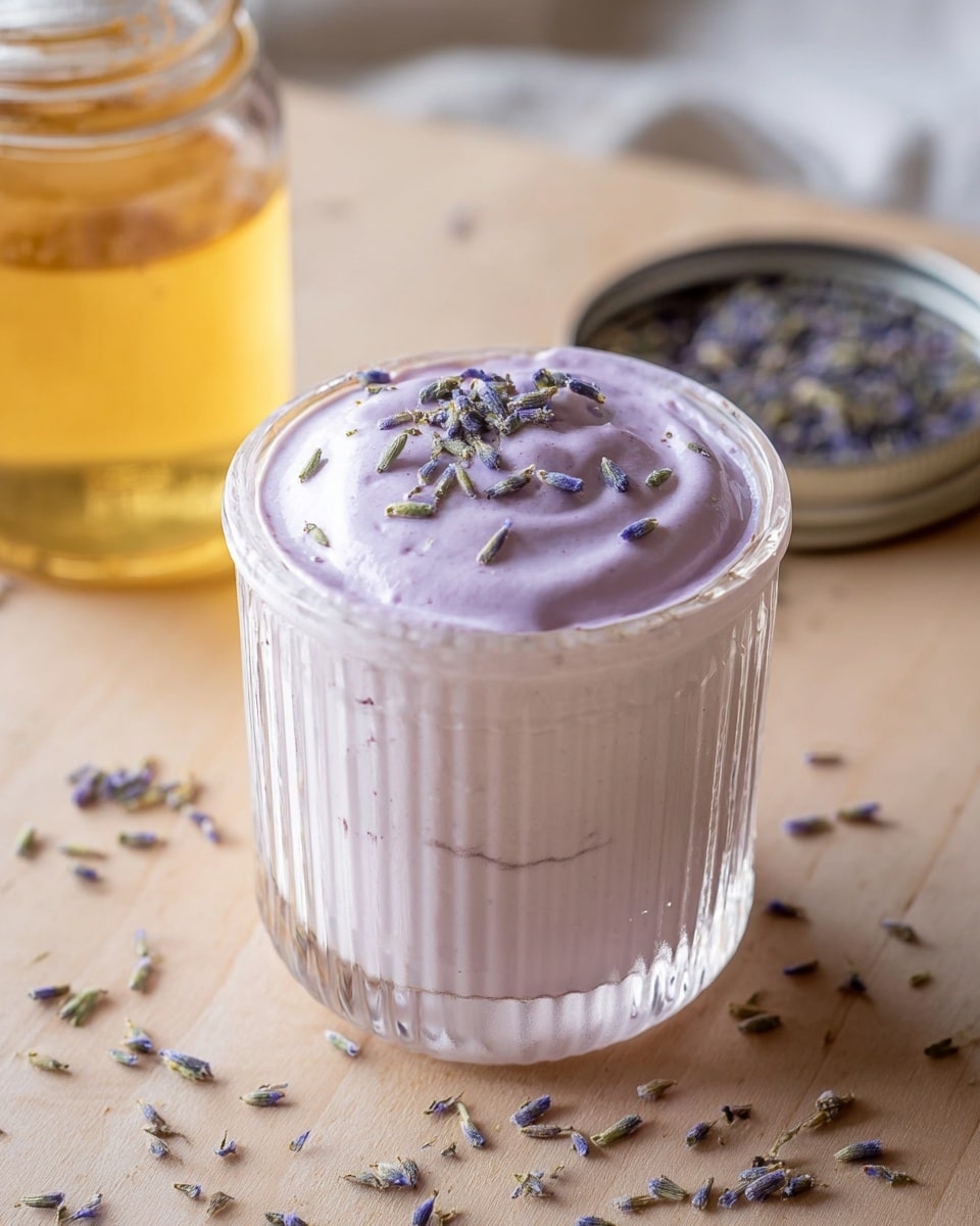 A clear ribbed glass cup filled with a creamy light purple lavender mousse that has a smooth, slightly swirled texture on top, sprinkled with small dried lavender pieces; the cup is set on a light wooden surface with scattered lavender bits around it, and in the soft background, there is a glass jar with a light golden liquid and a metal lid resting nearby. photo taken with an iphone --ar 4:5 --v 7