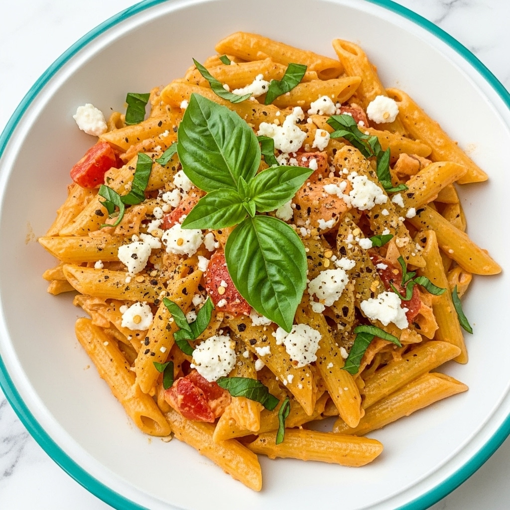 The image shows a white plate with a teal rim filled with pasta, likely penne, mixed with a creamy, slightly orange sauce. The pasta is layered with crumbled white cheese scattered throughout and topped with chopped green herbs. There are visible red pieces of tomato or roasted red pepper mixed in, giving pops of color among the pasta. Fresh basil leaves rest on top, adding bright green accents. The dish is well mixed with seasoning pepper flakes and herbs visible on the pasta surface. The plate sits on a white marbled surface. Photo taken with an iphone --ar 4:5 --v 7