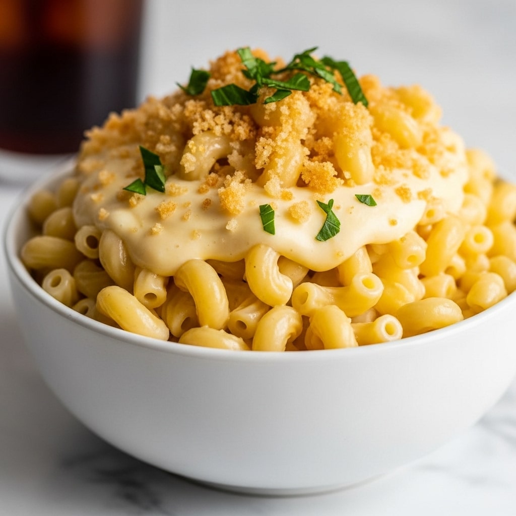 A close-up of a white bowl filled with creamy macaroni and cheese, showing three visible layers: the bottom layer made of pale yellow cooked elbow macaroni pasta, the middle layer covered in a smooth, light yellow cheese sauce, and the top layer sprinkled with finely browned breadcrumbs and green herb pieces scattered on top; the bowl is placed on a white marbled textured surface, with a blurred dark brown drink in the background. photo taken with an iphone --ar 4:5 --v 7