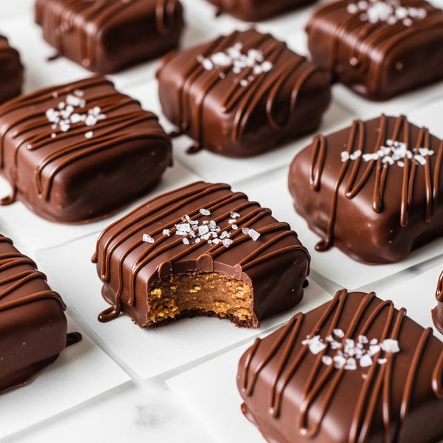 The image shows several square chocolate-covered treats arranged on white parchment paper over a white marbled surface. Each treat has a smooth, rich dark brown chocolate layer with thin chocolate lines drizzled on top for texture. Some pieces are sprinkled with coarse white sea salt flakes. One treat is partially bitten, revealing a dense, golden-brown filling inside. The overall look is rich and textured, with the chocolate coating having slight ripples and shine from the drizzle and salt. photo taken with an iphone --ar 4:5 --v 7