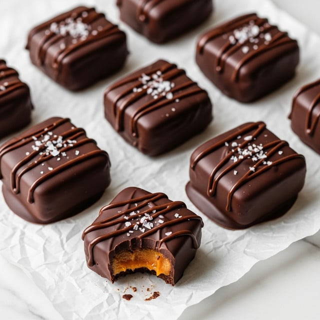 Square chocolate-covered treats are shown on crinkled white parchment paper over a white marbled surface. Each treat has a smooth, dark chocolate outer layer with a shiny, slightly textured drizzle of chocolate on top. Small white sea salt flakes are scattered over the surface of each piece. One square near the bottom has a bite taken out, revealing a soft, orange filling beneath the chocolate layer. The overall look is rich and inviting with strong contrasts between the dark chocolate, bright filling, and sparkling flakes. Photo taken with an iphone --ar 4:5 --v 7