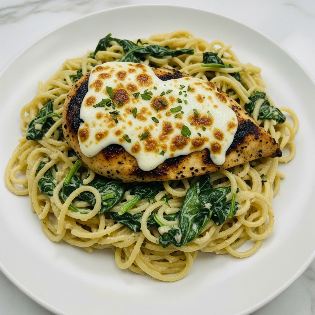 A white plate holds a dish with two main layers. The base layer is creamy, light beige spaghetti pasta mixed with green spinach bits and coated in sauce, spread across the plate. On top sits a piece of grilled chicken breast with a golden brown and slightly charred surface, covered by melted white cheese that has browned spots and a few crispy edges. Small green herb sprinkles decorate the chicken and the pasta, adding a dash of color. The plate is set on a white marbled surface. photo taken with an iphone --ar 4:5 --v 7