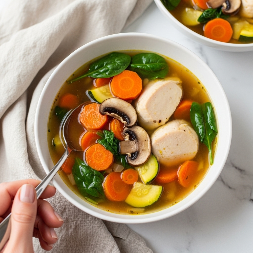 The image shows a white bowl filled with a colorful vegetable soup placed on a white marbled surface covered partly by a light beige cloth. The soup has multiple visible layers: bright orange sweet potato chunks, round orange carrot slices, thick white pieces of chicken, dark brown mushroom slices, green spinach leaves, and small yellow-green zucchini pieces, all in a clear, golden broth. A woman's hand holding a silver spoon is partly seen at the bottom left, ready to scoop the soup. In the background, there is a second bowl of the same soup, slightly out of focus. photo taken with an iphone --ar 4:5 --v 7
