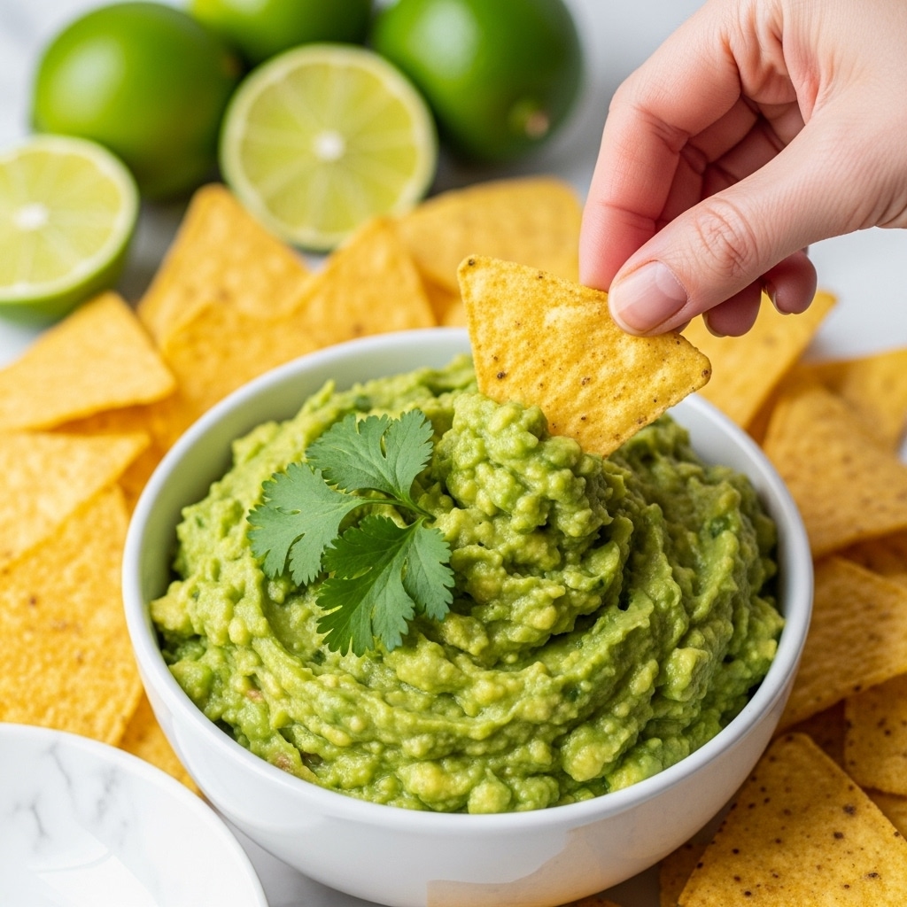 A white bowl filled with chunky green guacamole topped with bright green cilantro leaves sits in the middle, surrounded by many yellow corn tortilla chips with a rough texture and specks of seasoning. A woman's hand is dipping a single triangular chip into the guacamole, showing the dip’s creamy and slightly lumpy texture. In the blurred background, there are whole and halved green limes and a white bowl with a white marbled surface below. The colors pop with fresh green and warm yellow tones. photo taken with an iphone --ar 4:5 --v 7