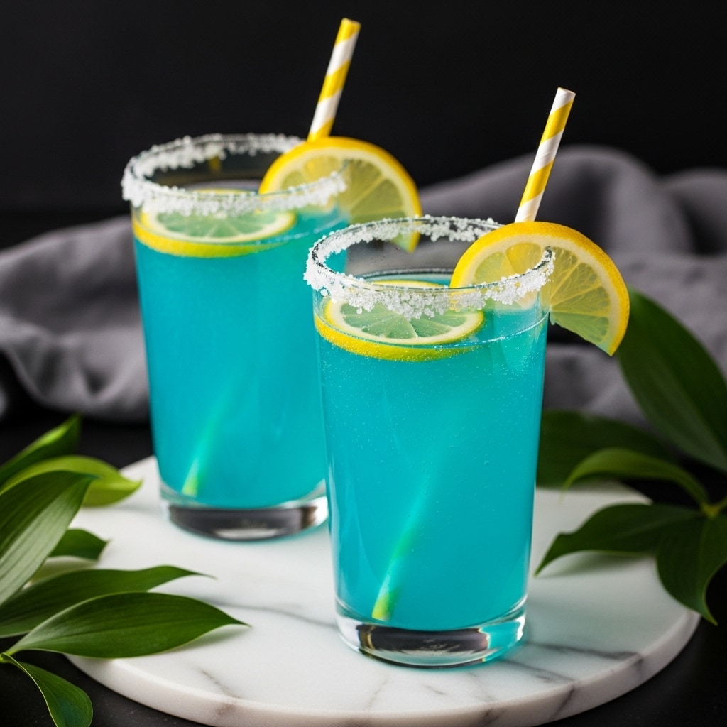 Two tall clear glasses filled with bright blue liquid, each glass rimmed with coarse white salt crystals. Each drink is topped with a thin yellow lemon slice placed on the rim, and one glass has a yellow-and-white striped straw inside. The blue liquid shows small bubbles suggesting it is fizzy. The glasses are set on a white marbled surface, surrounded by green leaves and grey cloth, with a dark background. Photo taken with an iphone --ar 4:5 --v 7