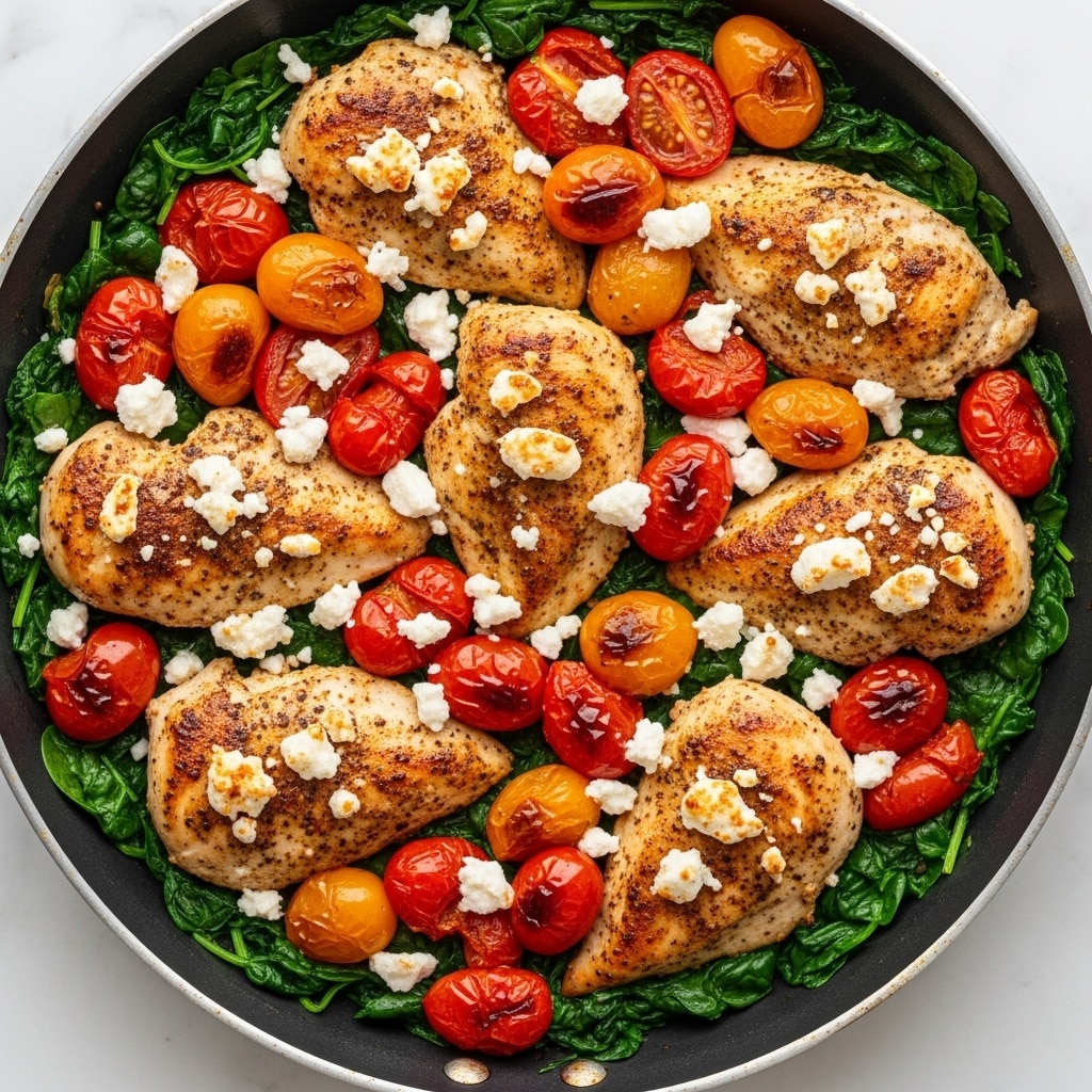 This image shows a round pan filled with several layers of food. The base layer is a bed of cooked spinach with dark green color and soft texture. On top of the spinach, there are pieces of cooked chicken breast that are golden brown with a seasoned and slightly crispy surface, arranged in a scattered pattern. Surrounding and on top of the chicken, there are bright red and orange roasted cherry tomatoes, some whole and some cut in half with slightly blackened edges. Small white pieces of crumbled cheese are sprinkled over the entire dish, adding a contrasting color and texture. The pan is placed on a white marbled surface. photo taken with an iphone --ar 4:5 --v 7