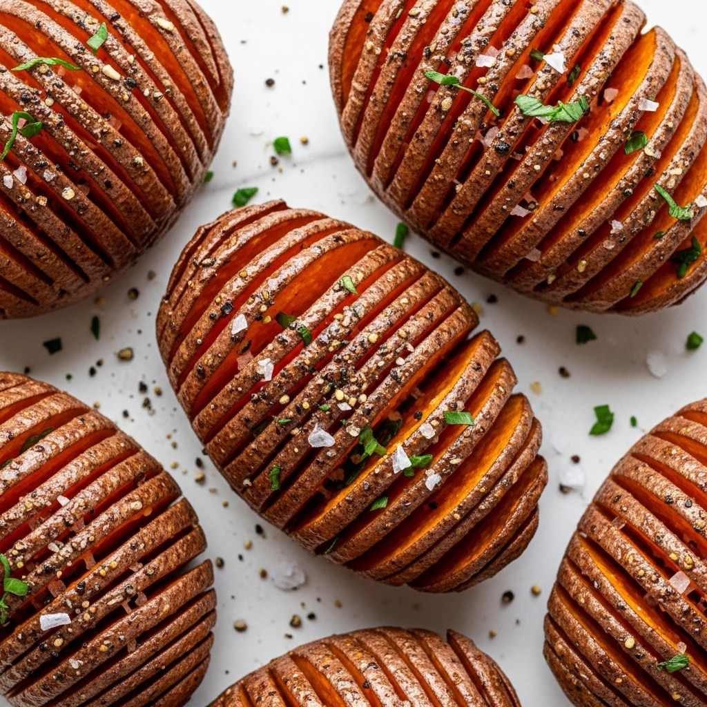 The image shows several roasted Hasselback sweet potatoes on a white marbled surface, each sliced thinly into many even layers, but still connected at the bottom. The skin is dark brown and crispy, contrasting with the bright orange flesh between the slices. The layers are seasoned with visible bits of black pepper, coarse salt, and small green herb pieces sprinkled over the top. The potatoes appear glossy and moist from the roasted oil coating the surface. Photo taken with an iphone --ar 4:5 --v 7