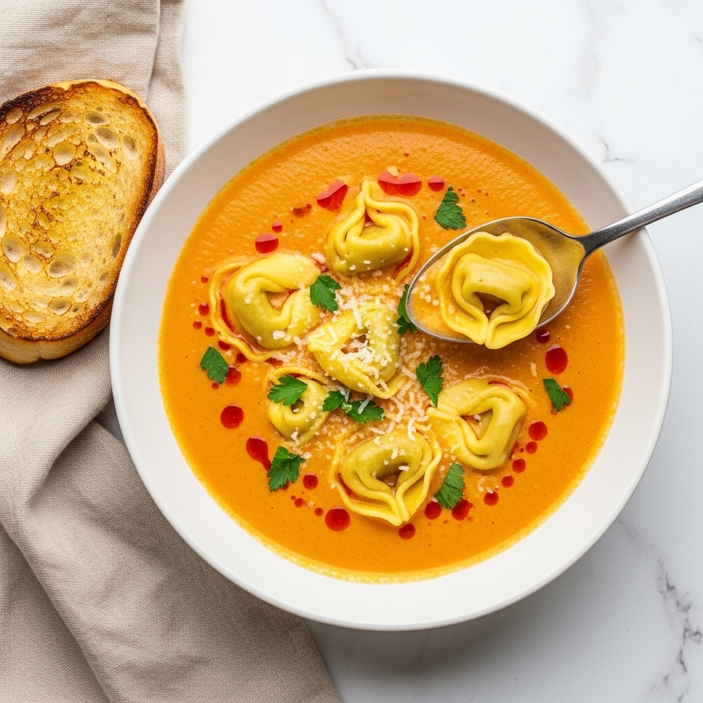 A white bowl filled with creamy orange-colored soup with a smooth texture and small red oil drops on the surface, containing five yellow tortellini pasta pieces floating and covered lightly with bits of green parsley and some grated cheese. A silver spoon lifts one tortellini in the bowl, showing its folded shape clearly. To the left, a piece of toasted bread with a golden crust rests partially on a beige cloth, all placed on a white marbled surface. photo taken with an iphone --ar 4:5 --v 7