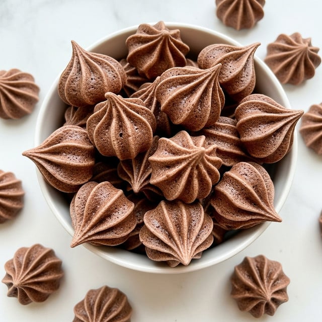 A white bowl filled with many chocolate meringue cookies, each one having a smooth, swirled texture and a rich dark brown color. The cookies are shaped like small peaks with ridges running from top to bottom, closely packed inside the bowl. Around the bowl, several more cookies lie scattered on a white marbled surface. The overall look is neat and appetizing, showing the delicate, light, and airy texture of the cookies. photo taken with an iphone --ar 4:5 --v 7
