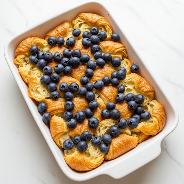 The image shows a white rectangular baking dish filled with a mixture of torn golden brown croissant pieces forming the base layer, topped evenly with fresh, round, dark blue blueberries scattered all over. The croissant pieces look flaky and soft with light and dark toasted patches, while the blueberries add a smooth, shiny, and juicy contrast on top. The dish is placed on a white marbled surface that adds a clean and bright background. photo taken with an iphone --ar 4:5 --v 7