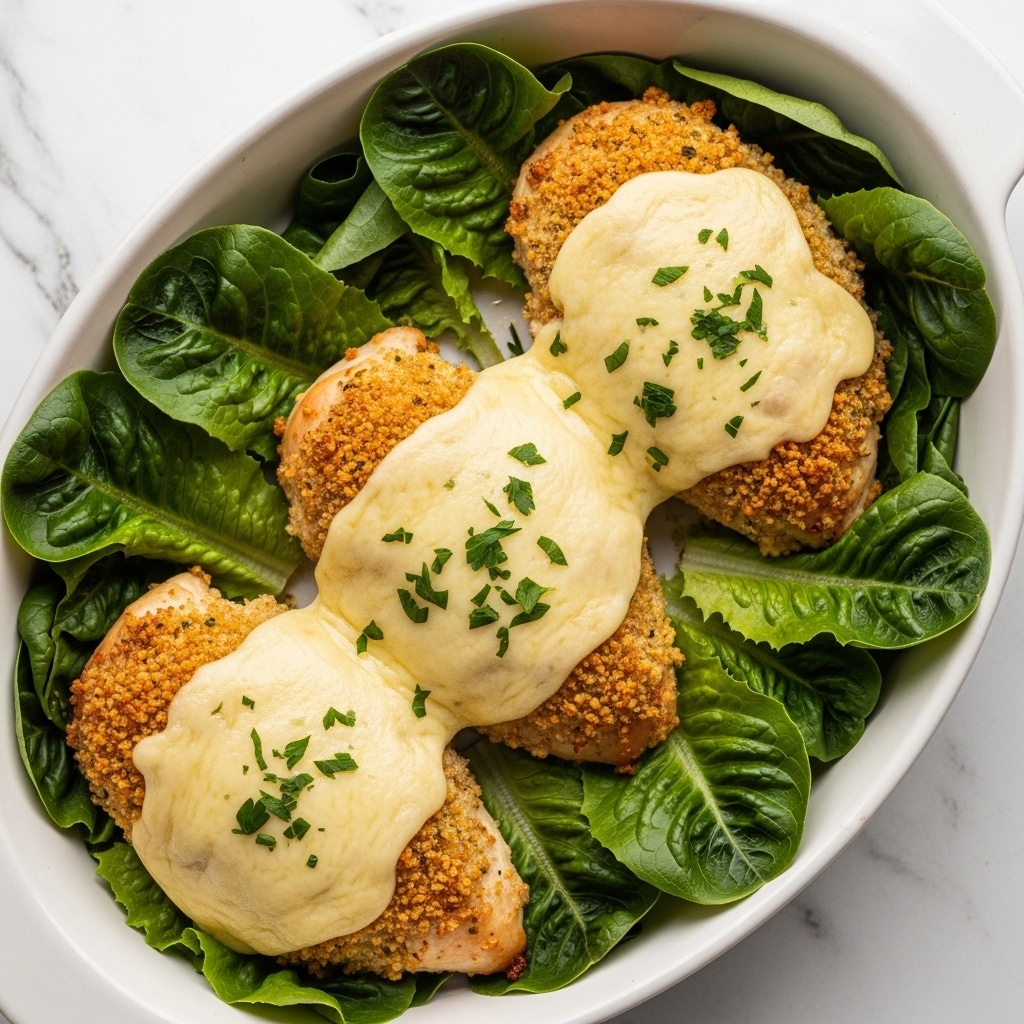 The dish shows three pieces of baked chicken breasts with a golden brown crispy crumb coating on top. Each breast is covered with a layer of melted pale yellow cheese that stretches slightly over the crumbs, and is sprinkled with small bits of chopped green parsley. The chicken rests on a bed of fresh dark green leafy lettuce leaves arranged around the edges inside a white oval baking dish. The white marbled surface beneath the dish adds a clean backdrop. photo taken with an iphone --ar 4:5 --v 7
