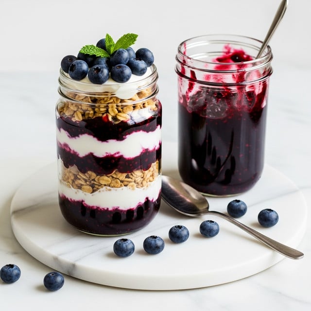 A clear glass jar shows a parfait with five visible layers on a round white marbled plate; from bottom to top, the first layer is dark purple blueberry jam, the second is light tan granola, the third is white creamy yogurt, the fourth is dark purple blueberry jam again with some texture, and the top layer is white yogurt covered with fresh dark blue blueberries and a small green mint leaf as garnish. Next to the jar, there is a clear glass jar filled with dark purple blueberry jam with some stains on the rim, a silver spoon lays on the plate beside the jars, and some loose blueberries are scattered around on the white marbled surface. Photo taken with an iphone --ar 4:5 --v 7