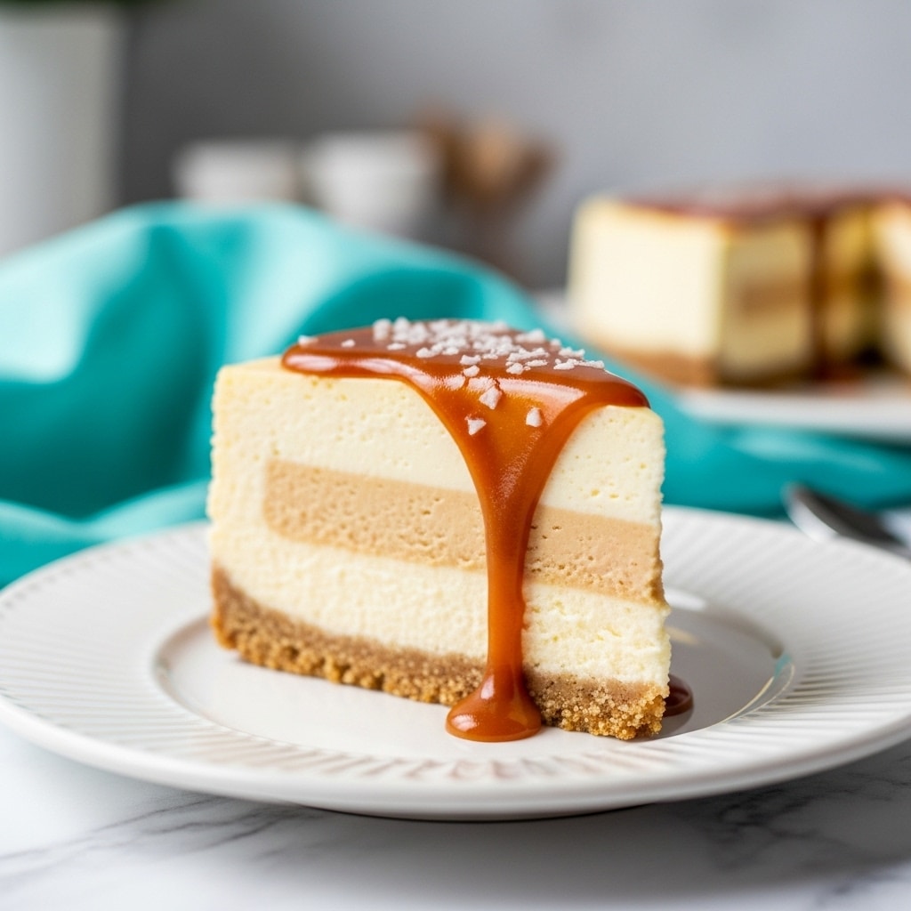 A single slice of cheesecake with three clear layers sits on a white plate with ridged edges, placed on a white marbled surface. The bottom layer is a crumbly light brown crust, the middle layer is thick and creamy pale yellow cheesecake filling, and the top layer is a smooth, glossy caramel sauce draped over the slice, slightly dripping down one side. Small white flakes are sprinkled on top of the caramel. The background softly blurs, showing a turquoise cloth and some out-of-focus items. Photo taken with an iphone --ar 4:5 --v 7