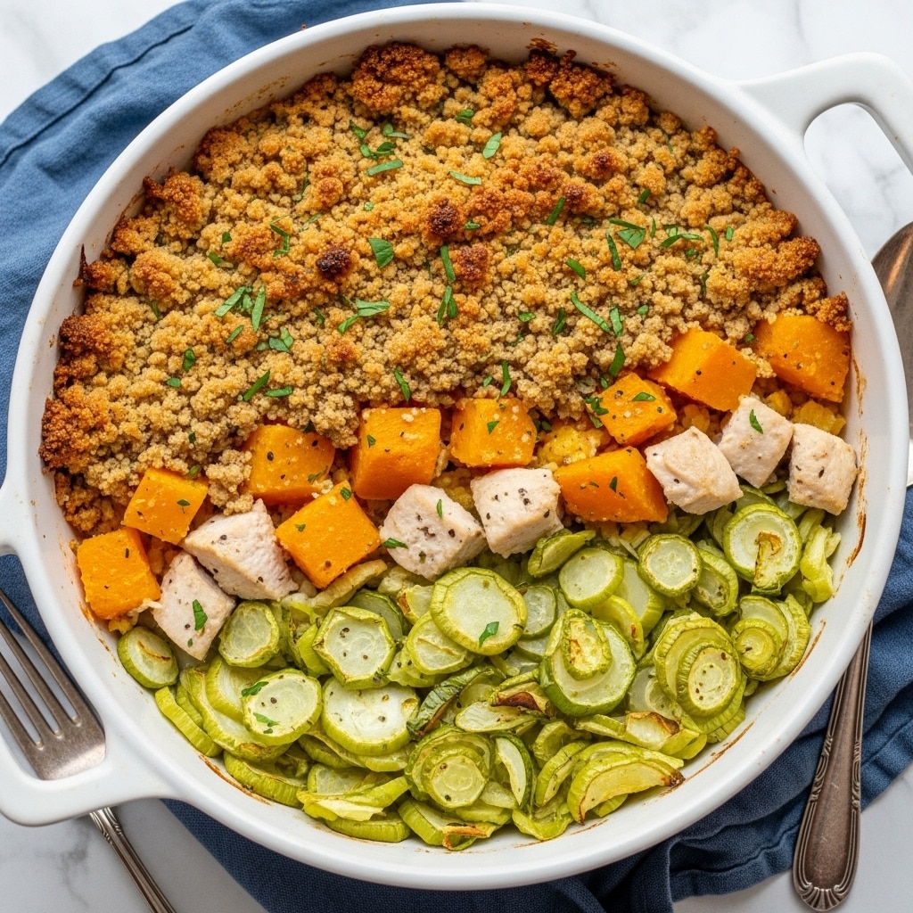 The dish is served in a white casserole dish filled with a colorful baked mix. It has three main layers: the bottom layer is soft, light green sliced vegetables scattered around, the middle layer contains chunks of bright orange squash and white pieces of cooked chicken, and the top layer is a golden-brown crumbly crust with small green herb sprigs sprinkled on top. The crust has some darker toasted spots. The dish sits on a blue cloth on a white marbled surface with a silver fork visible on the side. Photo taken with an iphone --ar 4:5 --v 7
