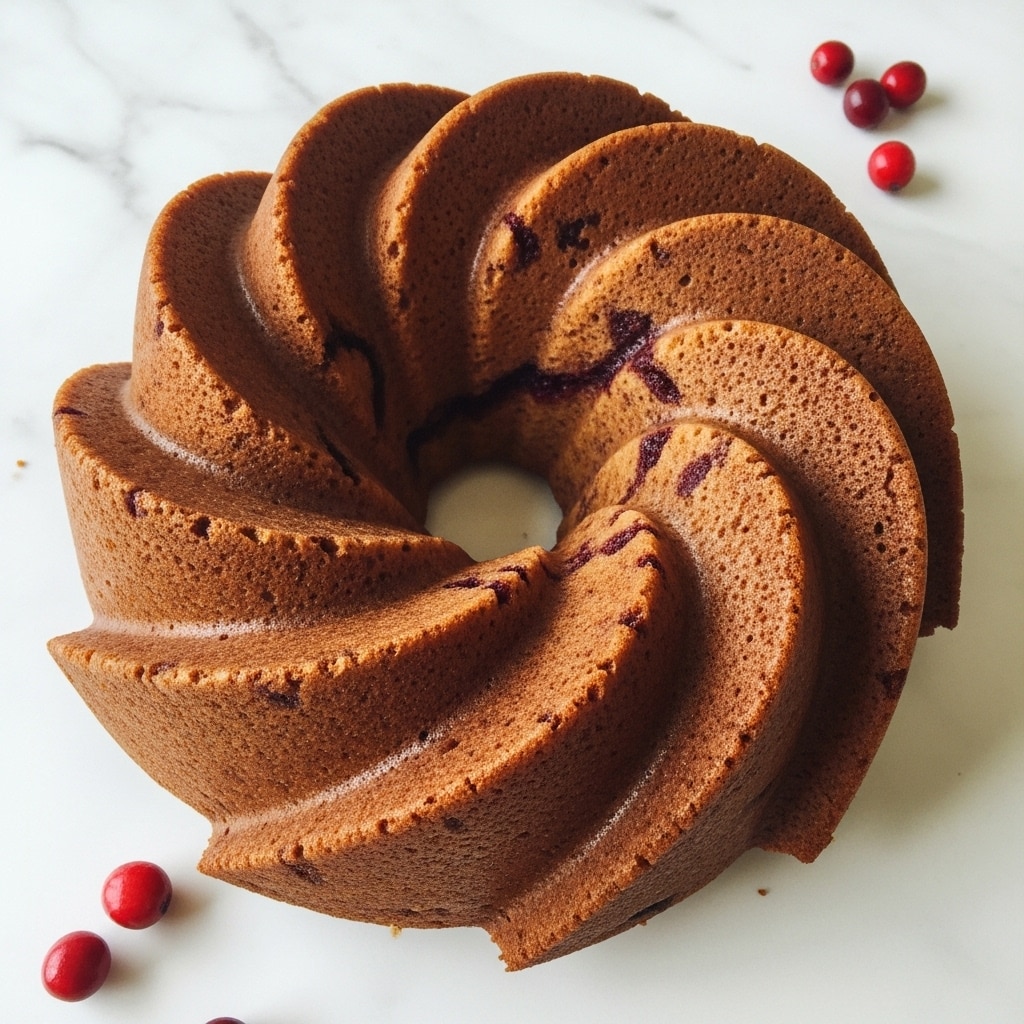A light brown bundt cake with a smooth, swirled design that forms a spiral pattern from the outer edge to the center hole, showing slightly darker brown spots within the cake, sits on a white marbled surface with a few red berries scattered nearby. The cake’s texture looks soft yet firm with fine crumb details visible along the swirls. photo taken with an iphone --ar 4:5 --v 7