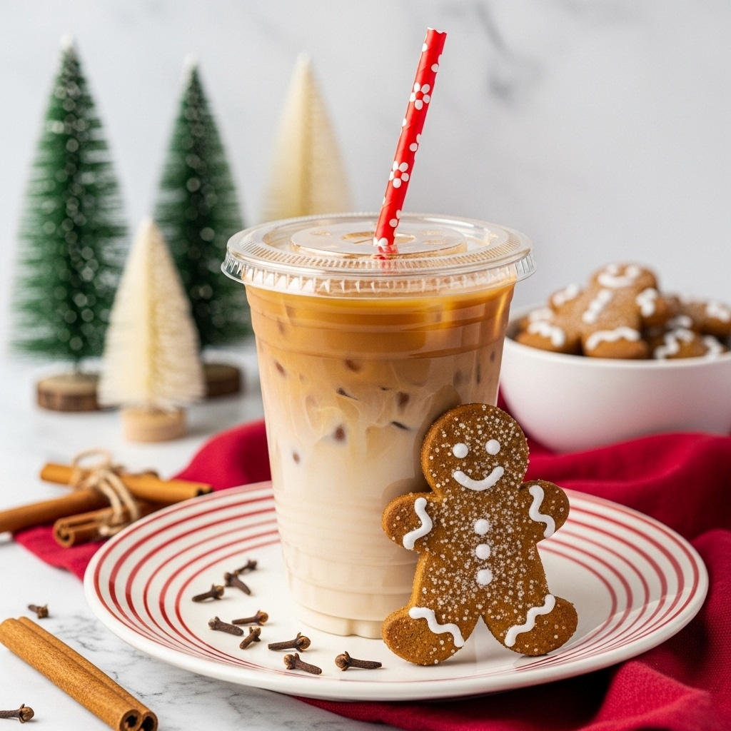The image shows a tall plastic cup filled with iced coffee, creamy light brown in color with visible ice cubes inside. The cup has a clear plastic lid and a red straw with white flower patterns sticking out from the top. The cup is placed on a white plate with red stripes, and a gingerbread cookie shaped like a person, with sugar crystals on top, leans against the cup. Around the plate, there are some whole cloves and cinnamon sticks. The background has small decorative trees and a bowl of more cookies, set on a white marbled surface with a red cloth underneath. Photo taken with an iphone --ar 4:5 --v 7