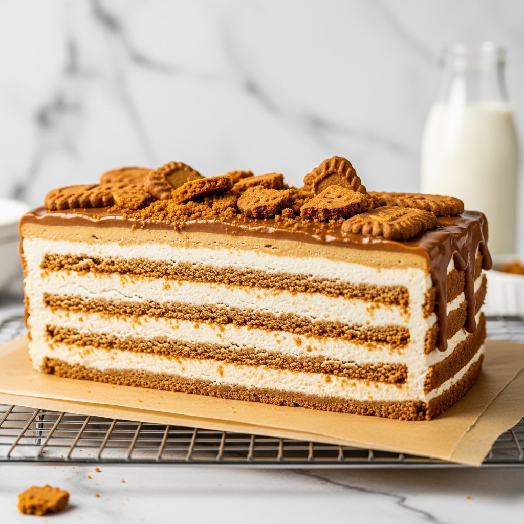 The image shows a layered dessert with about eight visible layers of alternating light cream and brown biscuit or cake. The top layer is covered with a smooth, glossy caramel or chocolate glaze that slightly drips down the side. On top, there are broken pieces of crunchy brown biscuits scattered unevenly. The dessert sits on a piece of light brown parchment paper over a metal rack, all placed on a white marbled textured surface. The background is softly blurred, featuring a white marbled texture and a white milk bottle. photo taken with an iphone --ar 4:5 --v 7