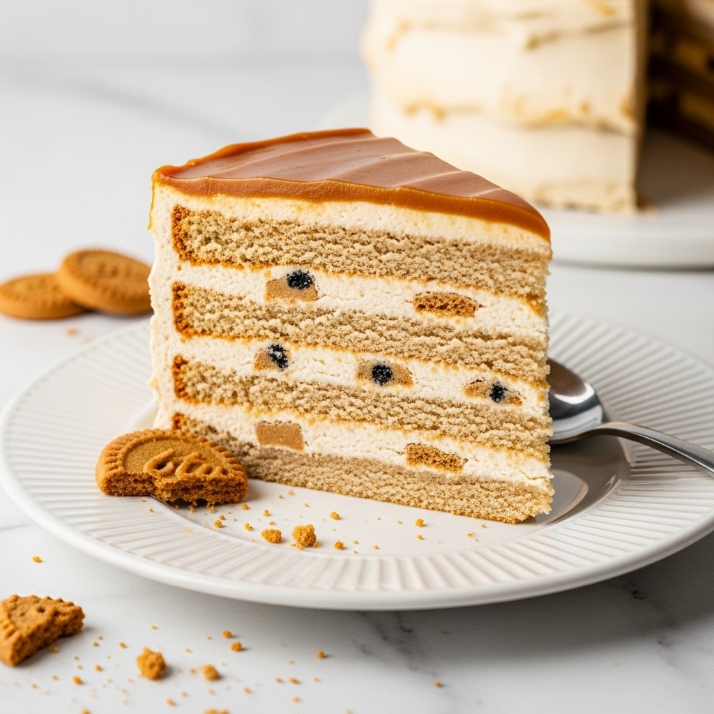 A slice of layered cake sits on a white plate with ridged edges, showing multiple thin layers of light brown cake alternated with creamy beige frosting. The top layer has a shiny, smooth caramel glaze, and there are some small cookie pieces on the side of the plate and crumbs scattered around. A silver spoon rests on the right edge of the cake with its tip pressed into the slice. The plate is placed on a white marbled surface with some crumbs scattered nearby. Photo taken with an iphone --ar 4:5 --v 7
