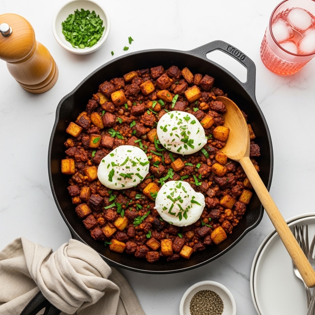 A black cast iron skillet filled with a layer of small golden brown cubed potatoes mixed with bits of dark red cooked meat, topped with three white poached eggs sprinkled with chopped bright green herbs. A wooden spoon rests on the right side inside the skillet. Around the skillet, there are two small white bowls with one containing chopped green herbs and the other containing black pepper, a tall wooden pepper grinder on the left, a pink glass with ice on the right, and white stacked plates partially visible on the lower right, all set on a white marbled surface. A beige cloth is draped under the skillet handle. Photo taken with an iphone --ar 4:5 --v 7