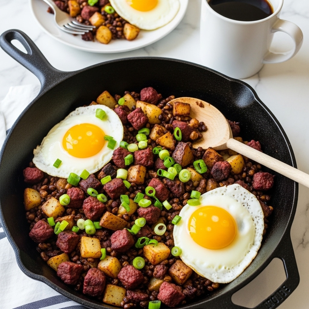 A black cast iron skillet holds a breakfast hash with three sunny side up eggs placed around the pan, their bright yellow yolks contrasting with the mix of diced, browned potatoes and small chunks of dark red cooked meat. Scattered green chopped scallions add a fresh green touch dispersed evenly on top. A large spoon with a light wooden handle rests inside the skillet, ready to serve. In the background, a white plate with a serving of the hash and a white mug filled with a dark drink are set on a white marbled surface. photo taken with an iphone --ar 4:5 --v 7