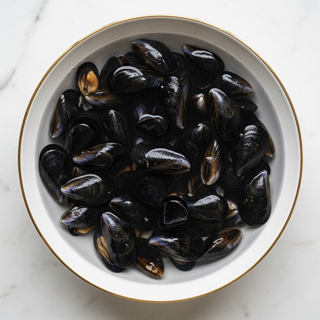 A round white bowl with a thin gold rim is full of black mussels submerged in clear water. The mussels are shiny and smooth, varying in size and shape, closely packed within the bowl. The surface around the bowl shows a white marbled texture, making the dark mussels stand out. photo taken with an iphone --ar 4:5 --v 7