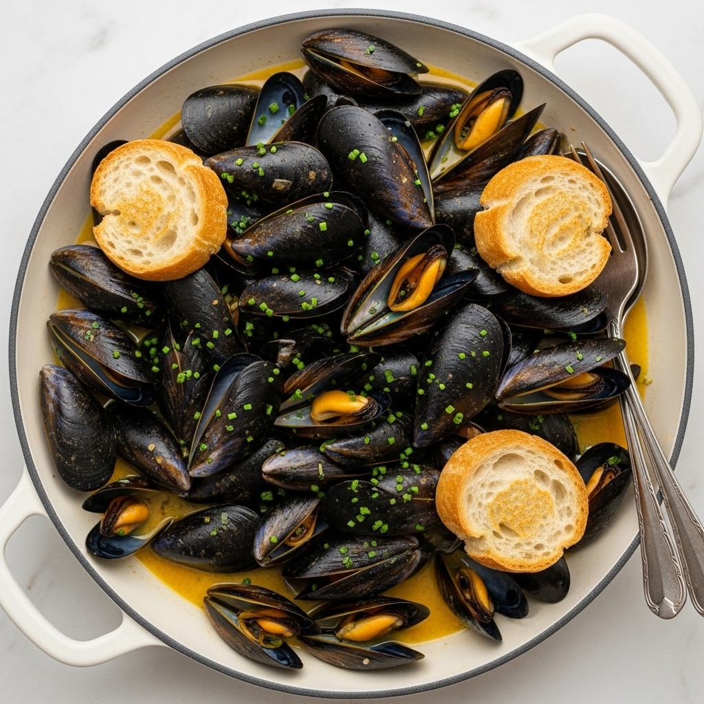 A white pan filled with many black mussels, some open showing orange flesh inside, layered over a creamy light yellow broth. The mussels are scattered across the pan in an uneven pile, garnished with small green chives sprinkled on top. Among the mussels, there are two small pieces of crusty bread, both with a golden-brown crust and soft, airy inside. The pan is placed on a white marbled surface, and parts of a silver spoon and fork are visible near the edge. photo taken with an iphone --ar 4:5 --v 7