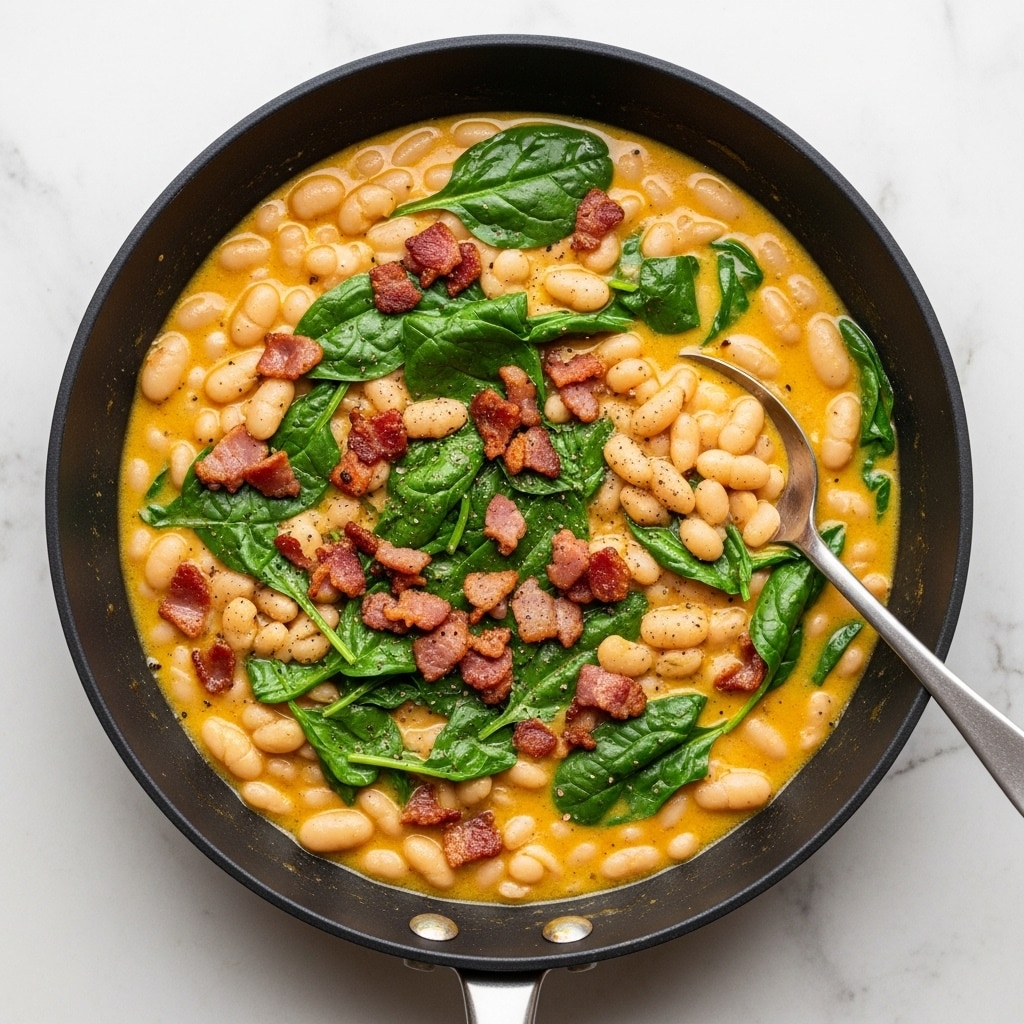 The image shows a black frying pan filled with a creamy dish made of white beans, dark green spinach leaves, and small pieces of brown cooked bacon, all mixed into a yellowish creamy sauce with some visible black pepper sprinkled on top. The beans are plump and soft, spread evenly throughout the dish, while the spinach leaves are scattered on the surface, adding a fresh contrast. The bacon pieces are irregularly shaped, crispy, and browned, adding a textured look to the smooth mixture. A metal spoon is resting inside the pan on the right side, while the pan is placed on a white marbled textured surface. photo taken with an iphone --ar 4:5 --v 7
