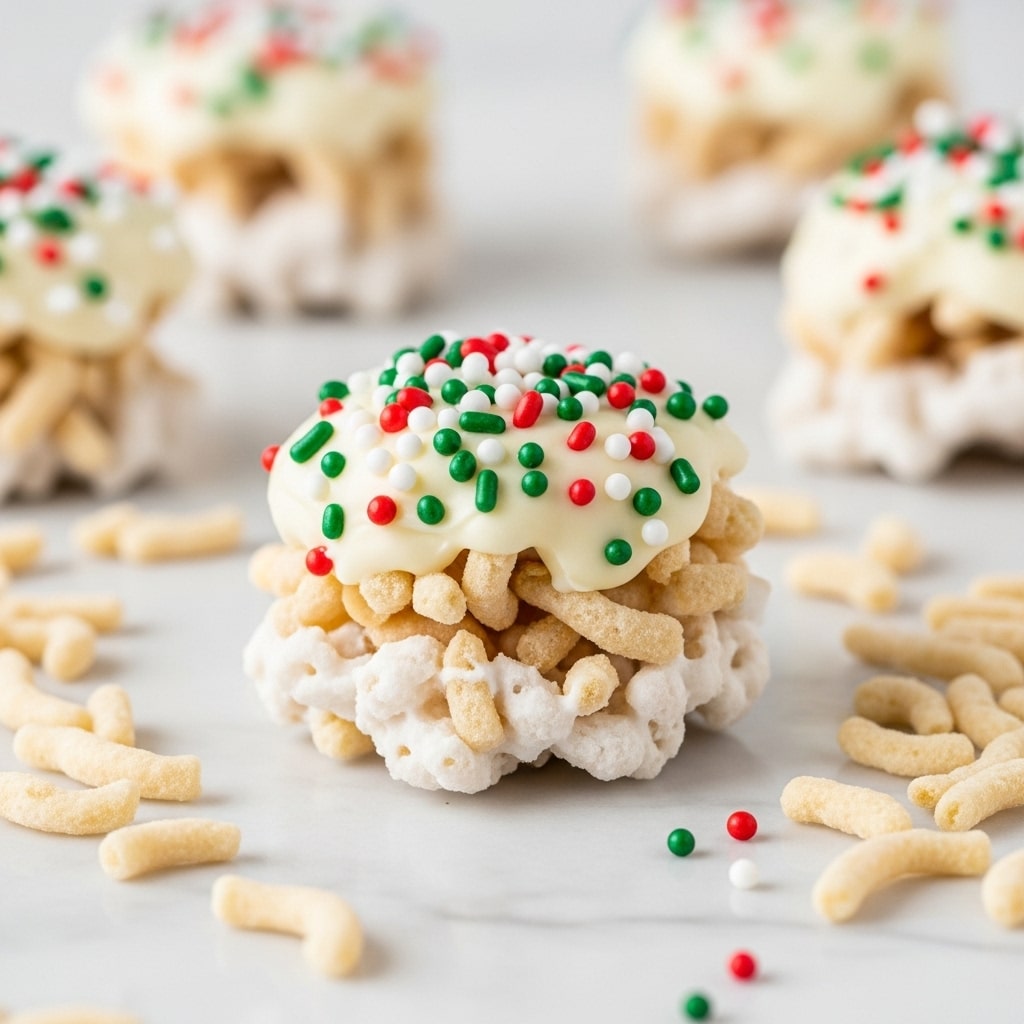 A small mound of light beige crispy chow mein noodles is coated in a thick layer of white creamy coating, forming the base layer. On top, there is a scattering of tiny round sprinkles in red, green, and white colors, adding a festive look. The mound sits on a white marbled surface with blurred similar mounds of the same snack in the background, giving depth to the image. Loose chow mein noodles surround the main mound, spread randomly on the surface. photo taken with an iphone --ar 4:5 --v 7