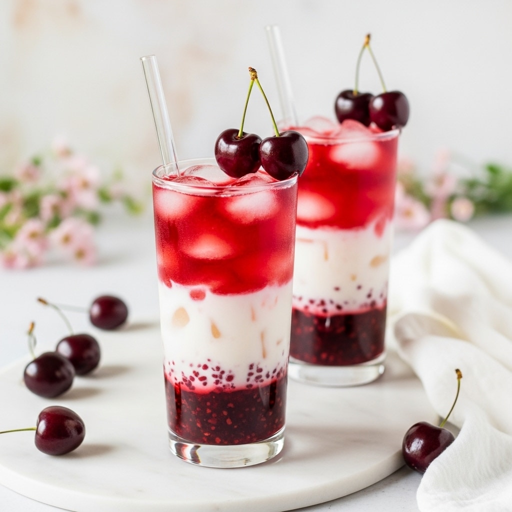 There are two tall clear glasses filled with a three-layer drink placed on a white marbled surface. The bottom layer is a deep red cherry syrup with small cherry bits, the middle layer is creamy white milk or cream, and the top layer is a bright red cherry juice mixed with ice cubes. Each glass is topped with three whole dark cherries with stems, and one glass has a clear straw inside. Around the glasses on the surface are some fresh dark cherries, and a white cloth is casually placed nearby. A soft and blurred background with light tones and faint pink flowers adds a gentle touch. photo taken with an iphone --ar 4:5 --v 7