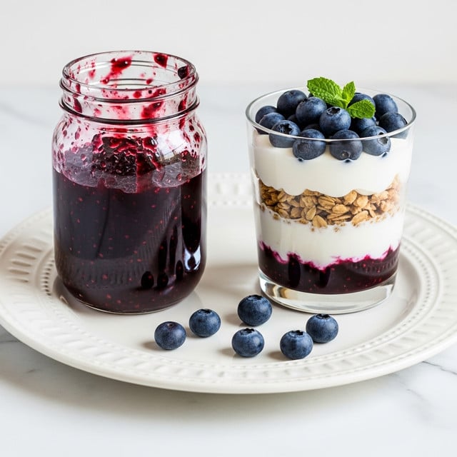 A clear glass jar filled with a dark purple berry jam, slightly messy around the top edge, sits on the left side of a white round plate with a subtle pattern, placed on a white marbled surface. Next to the jar, on the right side of the plate, is a clear glass dessert cup with three visible layers: the bottom layer is a dark purple berry jam, the middle layer is light brown granola, and the top and bottom layers are creamy white yogurt. The dessert cup is topped with fresh blueberries and a small green mint leaf. A few loose blueberries are scattered on the plate around the cup. photo taken with an iphone --ar 4:5 --v 7