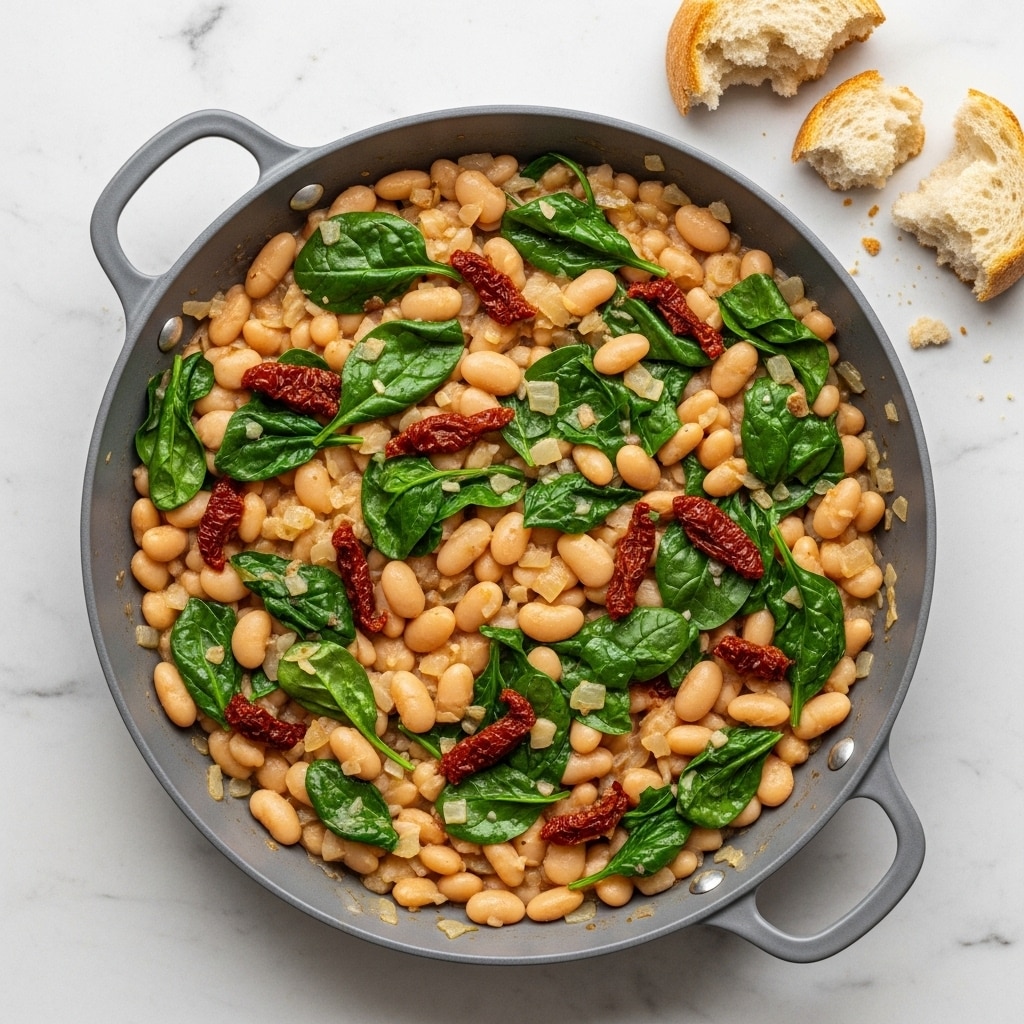 The dish is shown in a gray pan with two handles, filled with a creamy mix of white beans, dark green spinach leaves, and small pieces of red sun-dried tomatoes. The beans create a light beige base with a soft, smooth texture, while the spinach adds bright green color scattered evenly throughout. The sun-dried tomatoes add small pops of deep red, and bits of cooked onion add some light yellow patches. The pan sits on a white marbled surface with torn pieces of bread placed nearby on the top right side. photo taken with an iphone --ar 4:5 --v 7