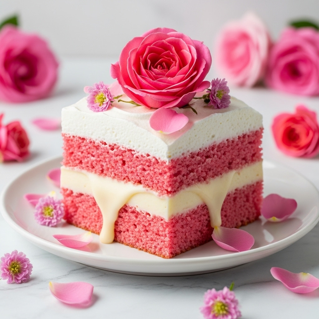 The image shows a square piece of dessert with three layers on a white plate placed on a white marbled texture. The bottom layer is a pink, moist cake with a crumbly texture. The middle layer is creamy white custard-like filling, which slightly drips down into the cake. The top layer is thick and smooth white whipped cream. A bright pink rose is placed on top of the cream, surrounded by scattered light pink rose petals and smaller flowers around the plate. The background includes more pink roses in soft focus. photo taken with an iphone --ar 4:5 --v 7
