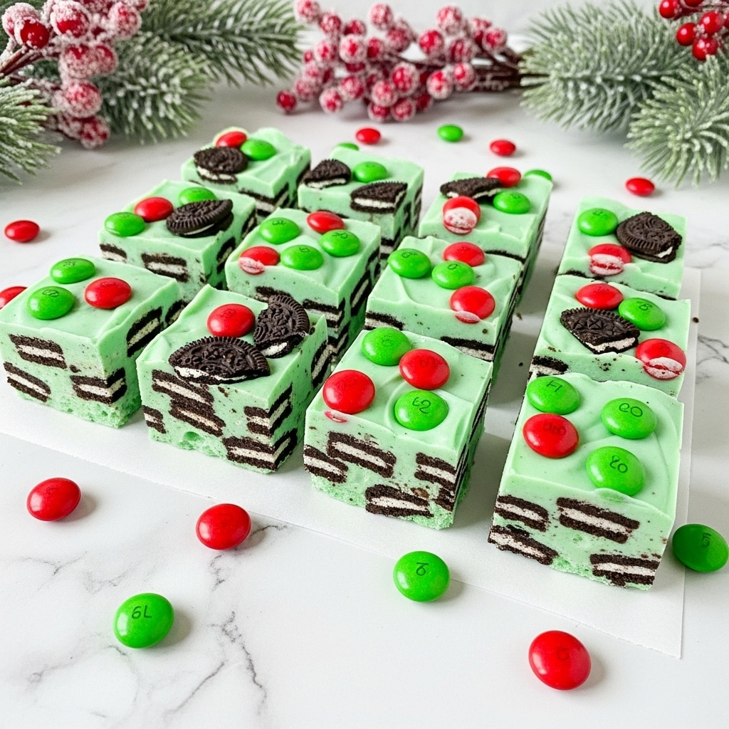 The image shows sixteen square pieces of mint green fudge arranged in four rows on a white marbled surface with white paper underneath. Each piece has dark brown cookie chunks embedded inside, creating a layered effect. On top of the fudge squares, there are red and green candy-coated chocolates scattered evenly, adding a festive look. Some of these candies are also spread out around the fudge on the surface. In the background, there are frosted red berry and green pine decorations. photo taken with an iphone --ar 4:5 --v 7