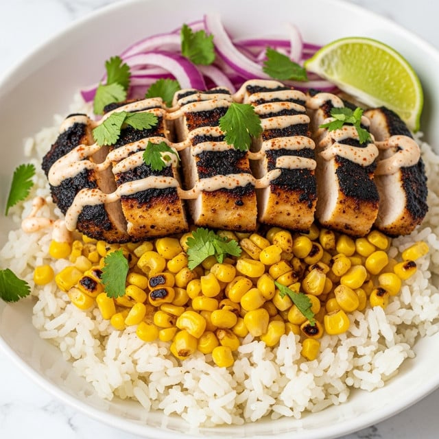 The dish is served in a white bowl with a white marbled texture background, showing several layers. The bottom layer is white rice with a soft, fluffy texture. On top of the rice sits a layer of bright yellow cooked corn kernels that appear slightly charred. Above the corn are pieces of grilled chicken with a golden-brown and blackened crispy outside, drizzled with a creamy white sauce sprinkled with reddish seasoning. Scattered fresh green cilantro leaves are spread over the chicken and corn. To the side, there are thin slices of purple-red onions adding a fresh, crunchy look, along with a wedge of light green lime partially visible in the corner. photo taken with an iphone --ar 4:5 --v 7