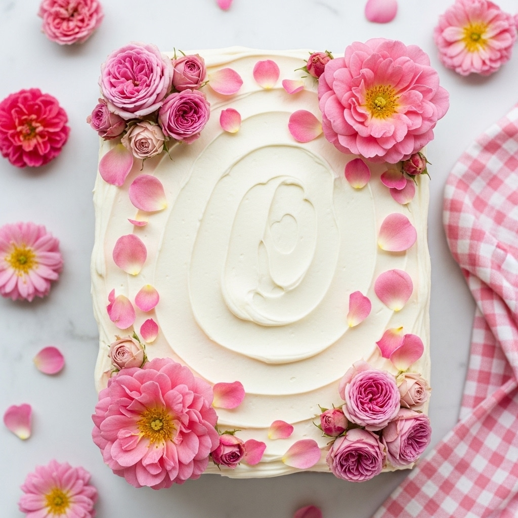 A white rectangular cake with a smooth, thick layer of white frosting covers the top. Scattered over the frosting are various pink flowers, including large blooms with soft petals and yellow centers, smaller round roses with tightly packed petals, and delicate rose petals spread evenly across the surface. The cake sits on a white marbled surface with some pink flowers and petals around it, and a pink and white checkered cloth is partially visible on the right side. Photo taken with an iphone --ar 4:5 --v 7